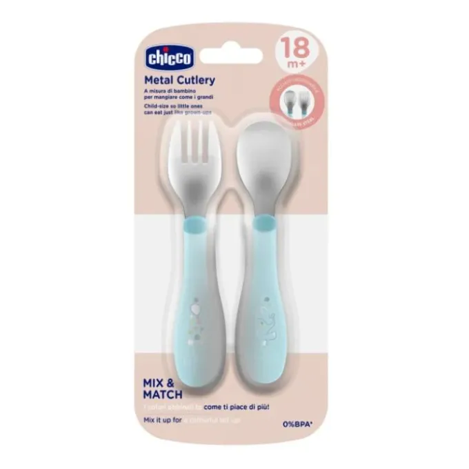 CHICCO POSATINE INOX 18M+ AZZURRO - SET FORCHETTA E CUCCHIAIO - ARTICOLO PER L'INFANZIA