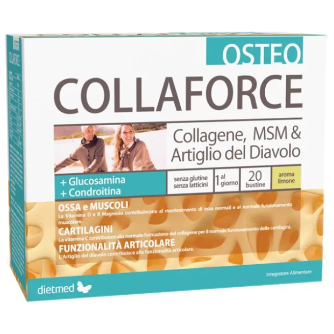 COLLAFORCE CON COLLAGENE IDROLIZZATO 8.000 MG, VITAMINA C, VITAMINA D, MAGNESIO, GLUCOSAMINA, CONDROITINA E ARTIGLIO DEL DIAVOLO 20 BUSTINE