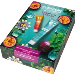 CURASEPT TROPICAL BREEZE COFANETTO DENTIFRICIO SBIANCANTE CON LICHENE ISLANDICO FROZEN MINT 75 ML + PASSION FRUIT 20 ML