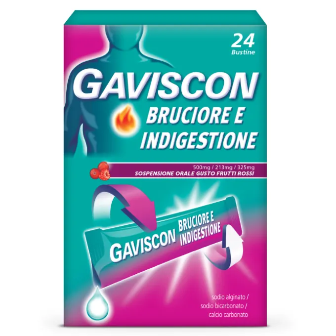 Gaviscon Bruciore E Indigestione 24 Bustine Sospensione Orale 500 Mg + 213 Mg + 325 Mg Gusto Frutti Rossi