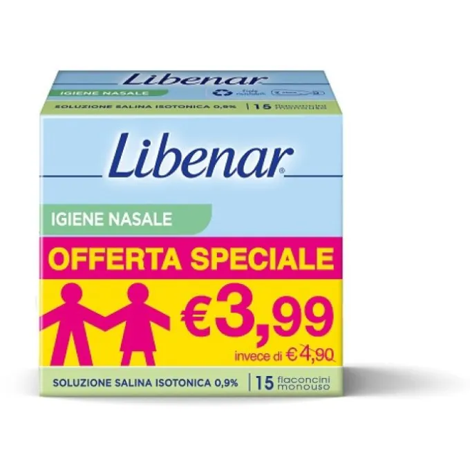 LIBENAR SOLUZIONE FISIOLOGICA SALINA STERILE ISOTONICA 0,9% - 15 FLACONCINI MONODOSE DA 5 ML, SENZA CONSERVANTI, PER IGIENE DI NASO, OCCHI E ORECCHIE