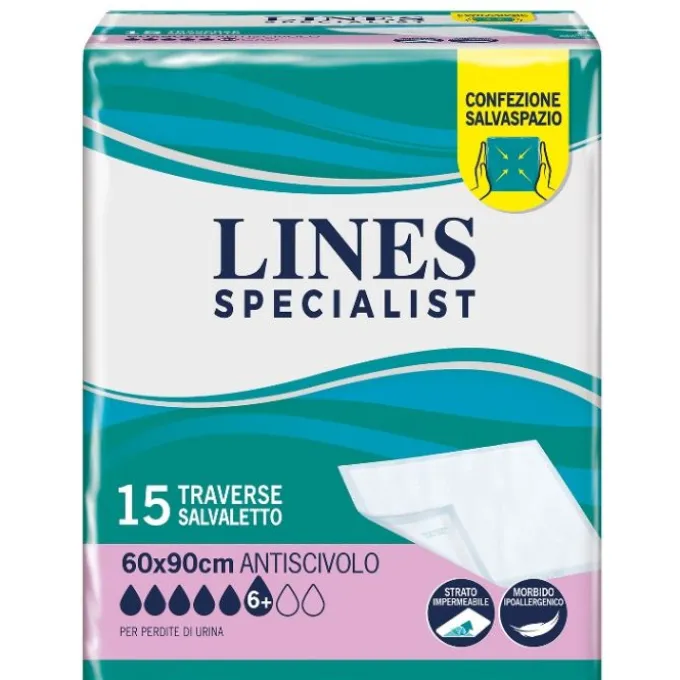 LINES SPECIALIST TRAVERSA CLINICA 60X90 CM CONFEZIONE DA 15 PEZZI TRAVERSINE ASSORBENTI MONOUSO PER PROTEZIONE DEL PIANO DI RIPOSO