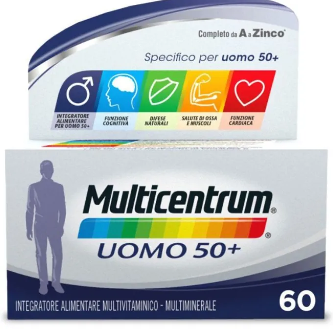 Multicentrum Uomo 50+ Integratore Alimentare Multivitaminico Multiminerale Vitamina C B6 Zinco 60 Compresse