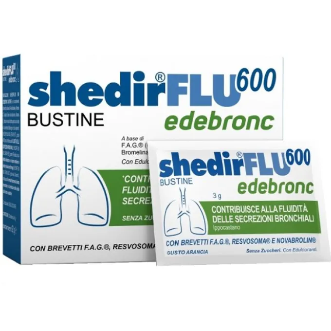 Shedirflu 600 Edebronc 20 Bustine Da 3 G Gusto Arancia, Senza Glutine, Naturalmente Privo Di Lattosio, Senza Zuccheri, Con Edulcorante